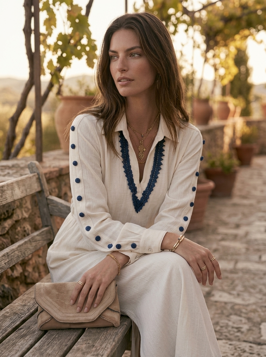 Mediterranean Chic Cream Navy Fringe Trim Collared V Neck Midi Dress