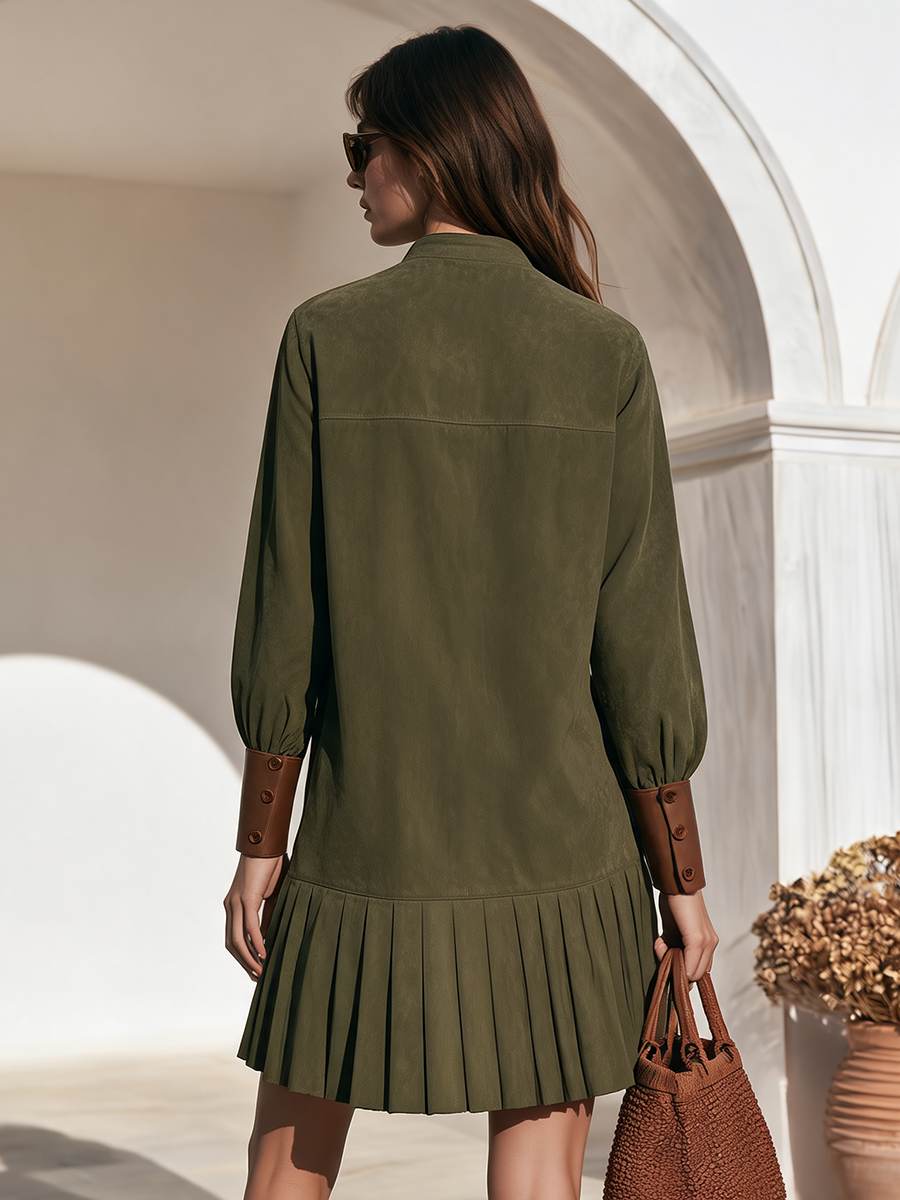 Old Money Crew Neck Color-Block Cuffs And Ruffled Hem Faux Suede Mini Dress