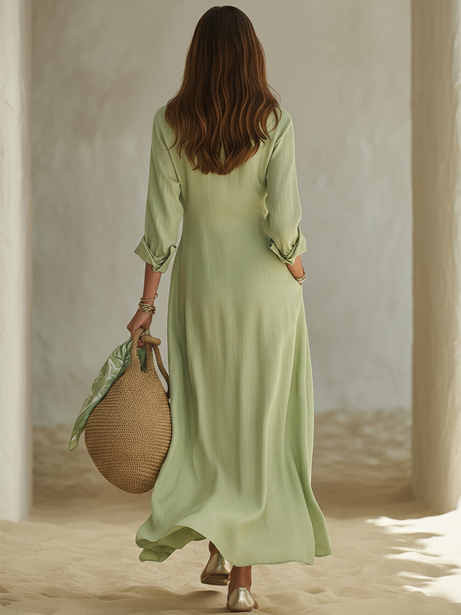 Minimalist Casual Light Green Cotton Linen Long Shirt Midi Dress