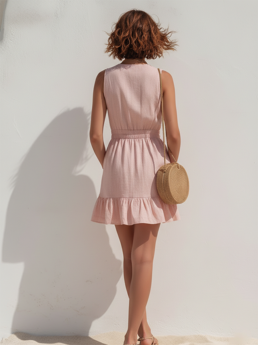 Resort-style Pink Sleeveless V-neck Button-down Ruffle Mini Dress