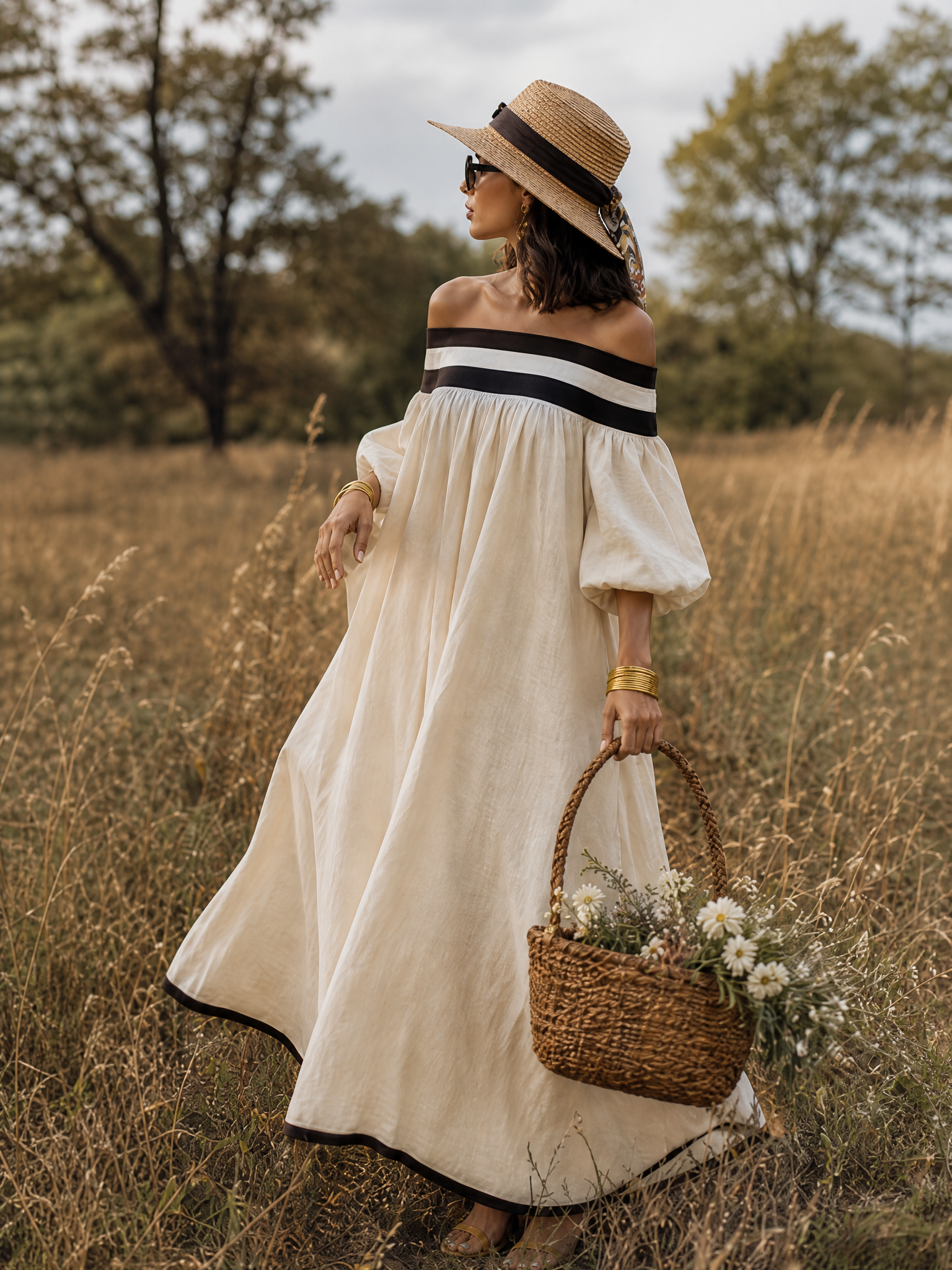 Loose-fitting Color-blocked Off-the-shoulder Beige Cotton-linen Maxi Dress
