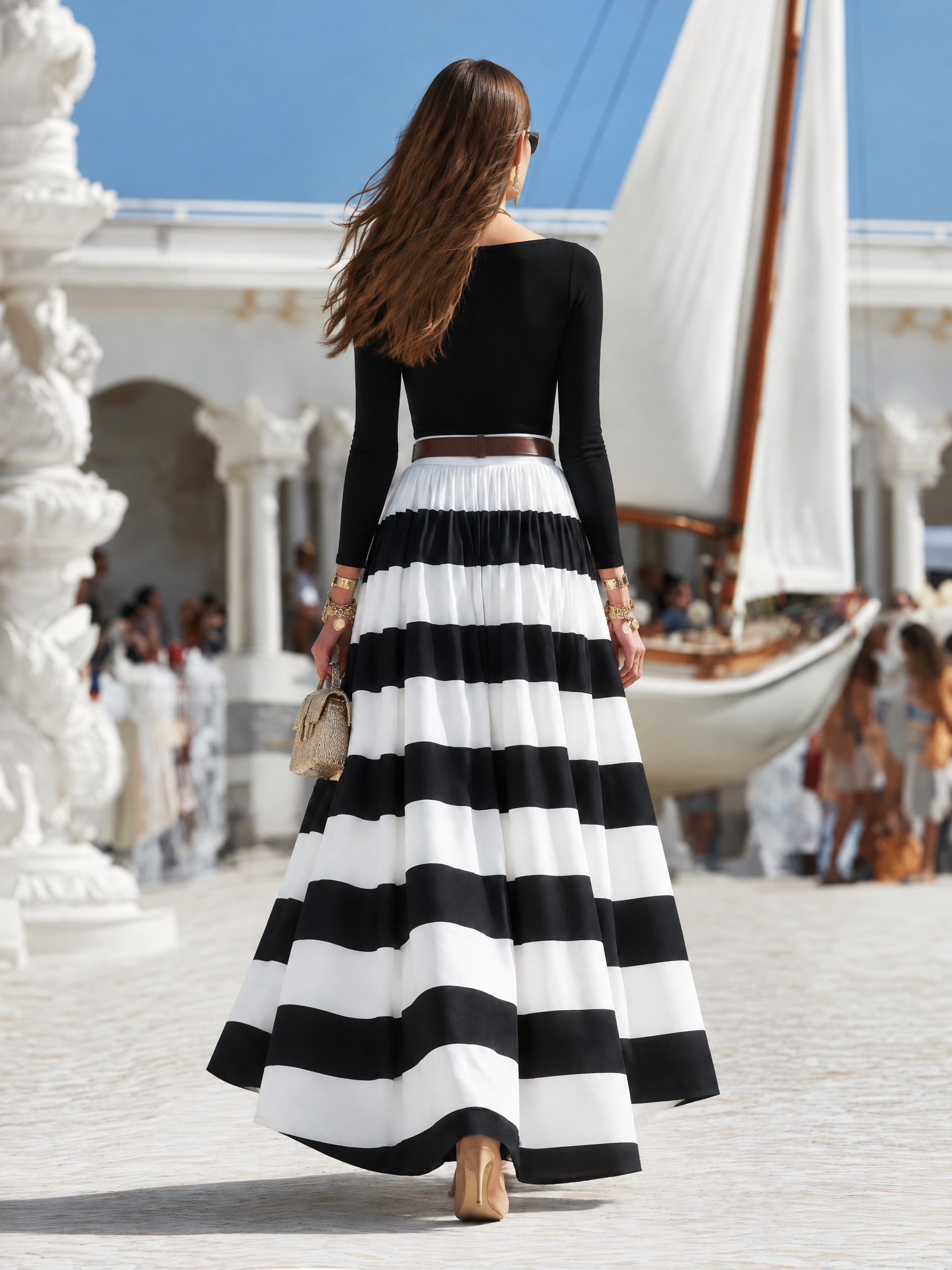 Resort-style Square Neck Long-sleeved Black And White Striped A-line Maxi Dress