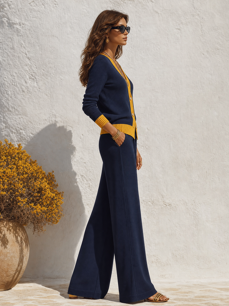Retro Vacation Color-blocked Knit Cardigan And Solid Color Knit Wide-leg Pants Set