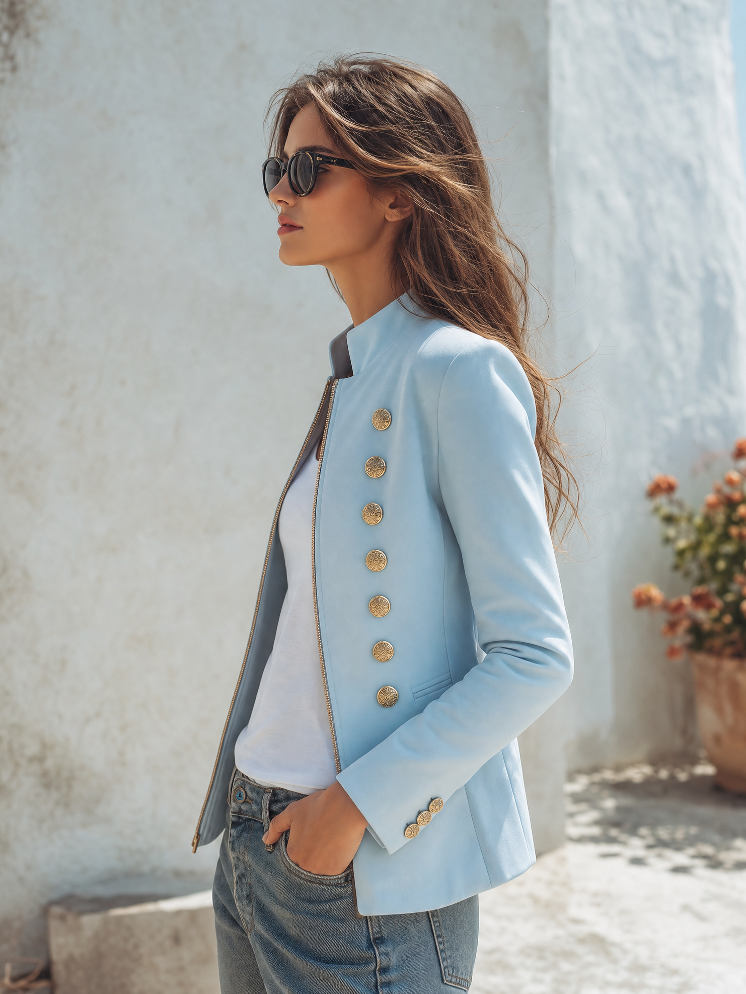 Retro Double-breasted Decorative Button Napoleon-style Stand-up Collar Jacket