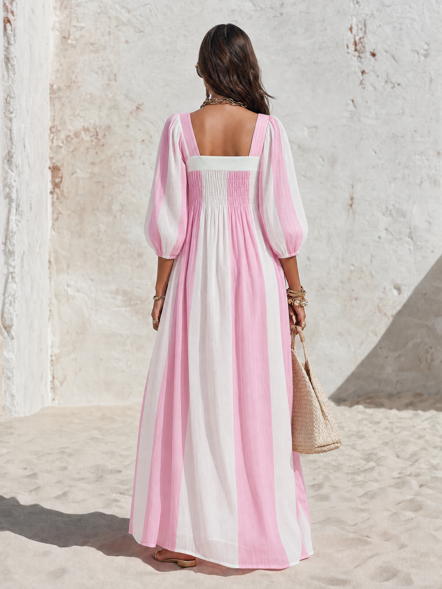 Resort Style 3/4 Sleeve Wide Striped Square Neck Chiffon Maxi Dress