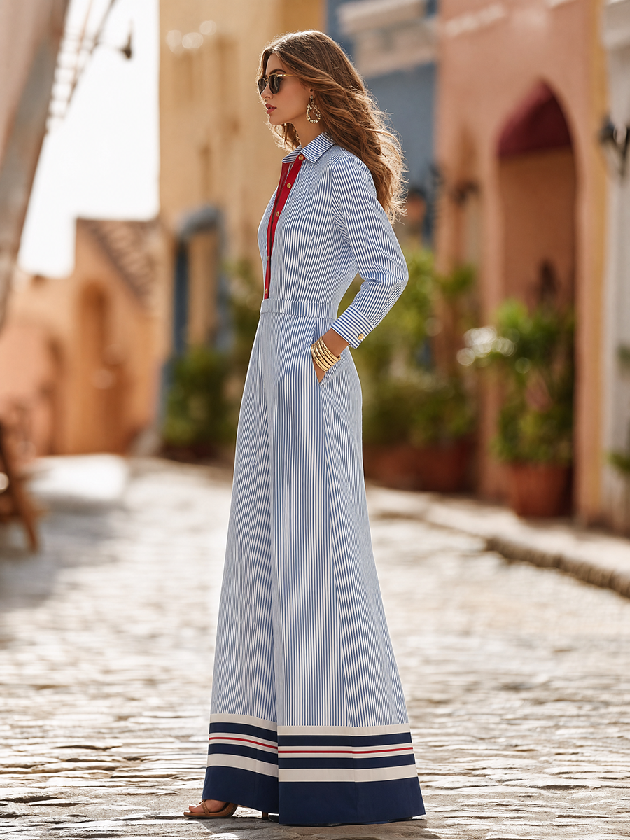 Retro Vacation Color-blocked Striped Jumpsuit