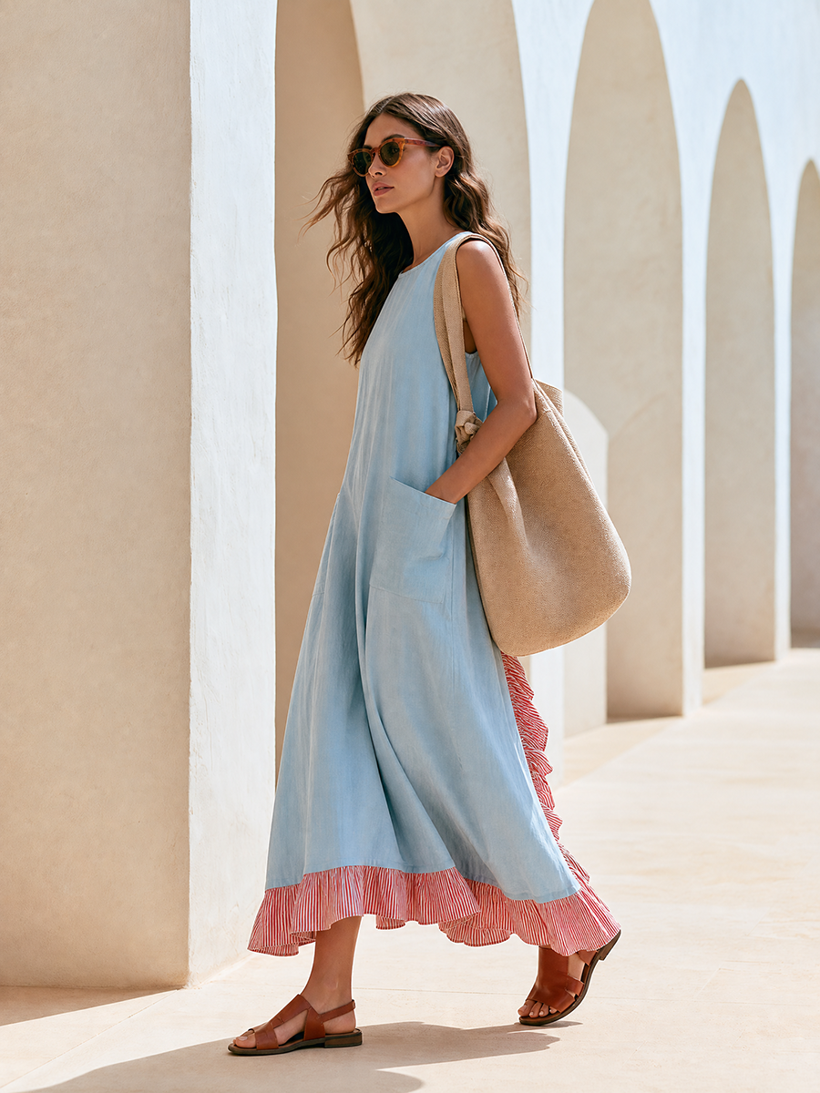 Vacation Red And White Stripes Ruffles Blue Sleeveless Tencel Maxi Dress