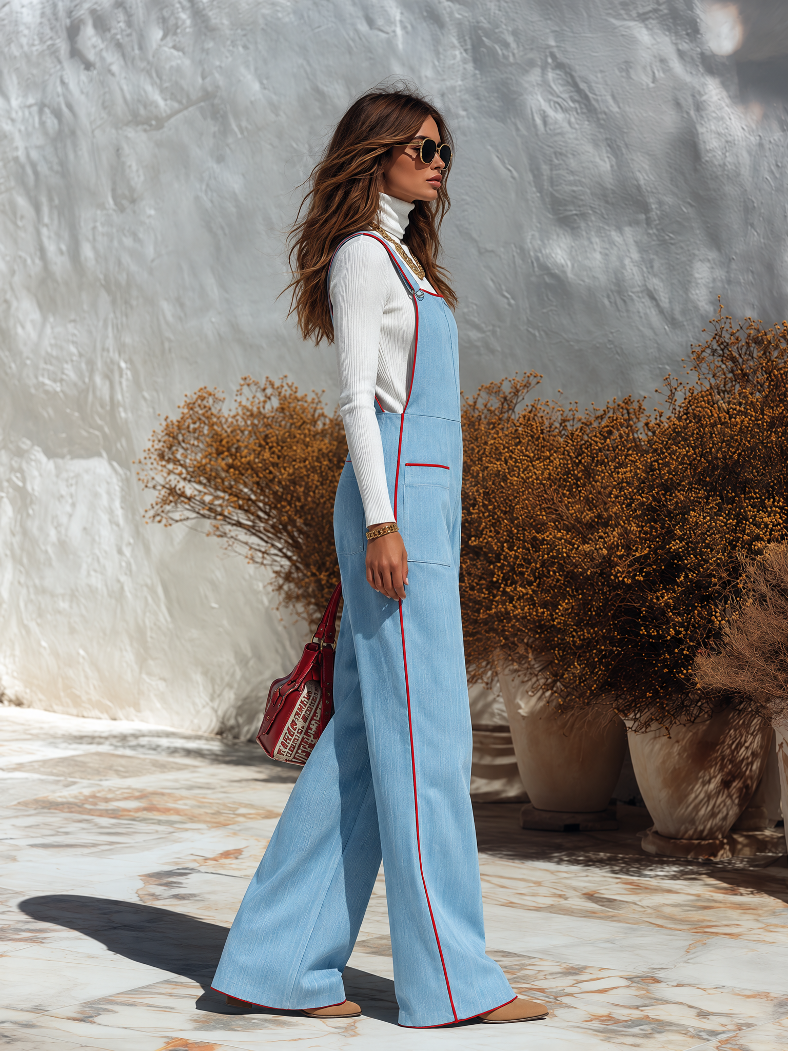 Vacation-style Square-neck Color-block Overalls