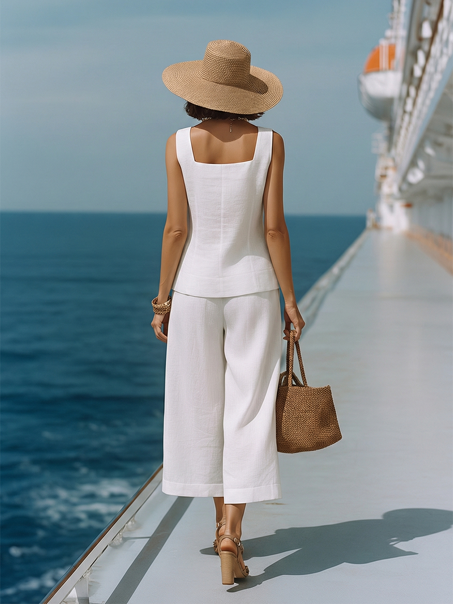 Classic White Cotton-linen Square-neck Top And Capri Pants Set