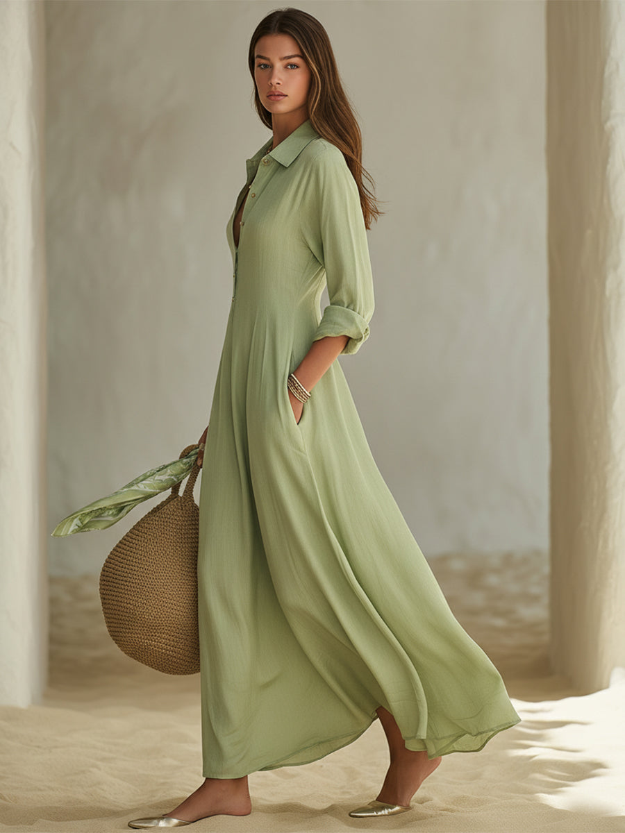 Minimalist Casual Light Green Cotton Linen Long Shirt Midi Dress