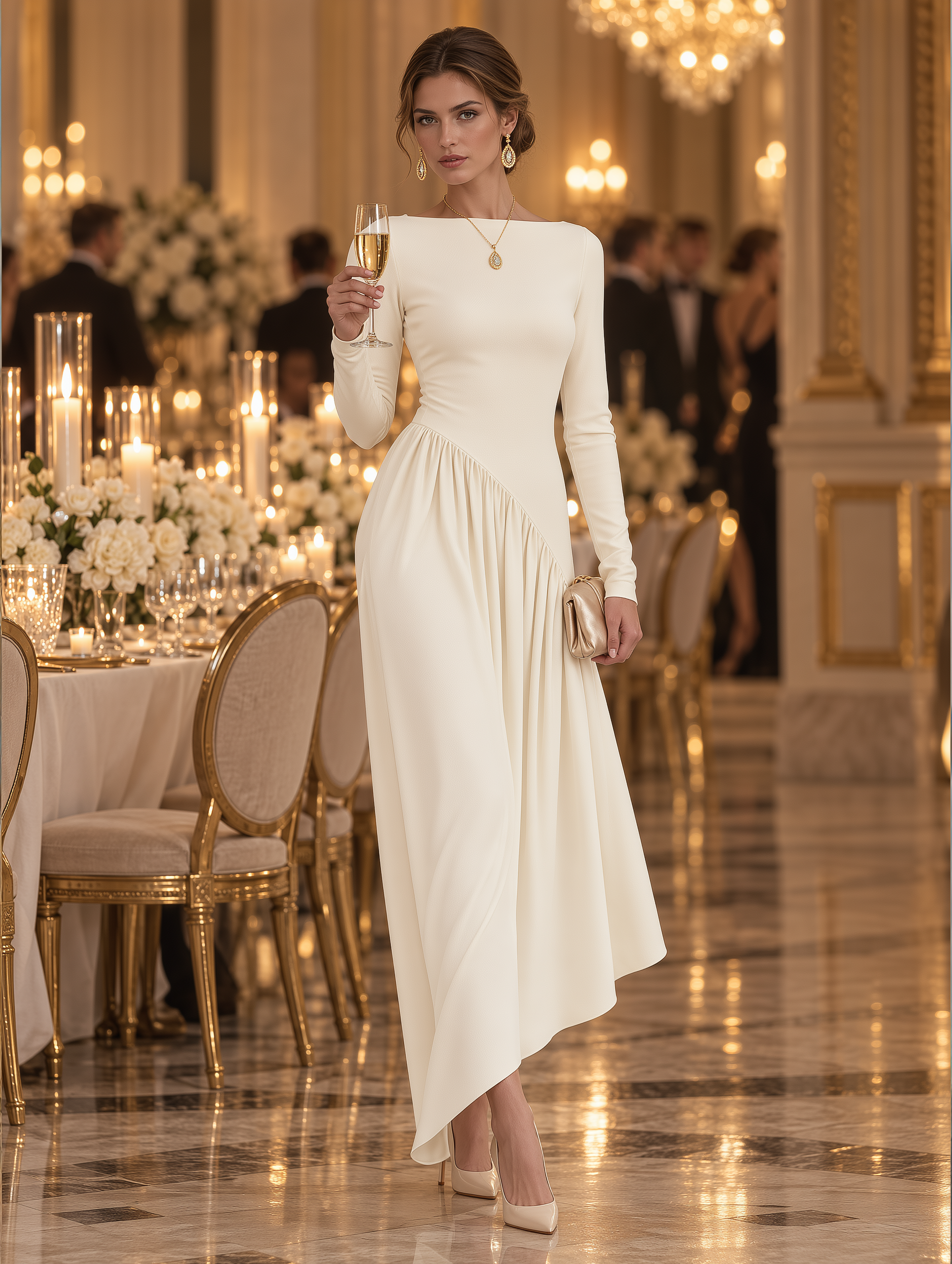Elegant Boat Neck Asymmetric Gathered Skirt Cream White Maxi Dress