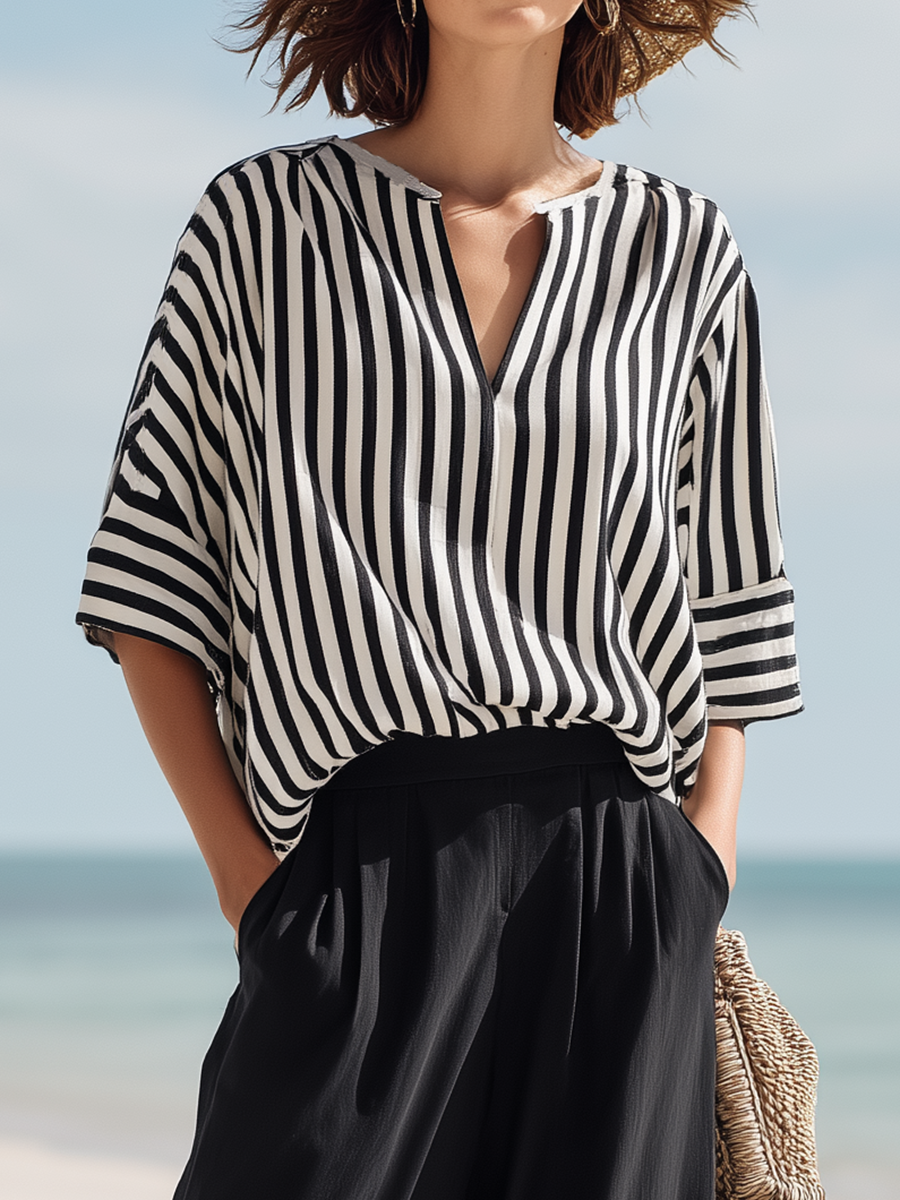 Resort-style Black And White Striped V-neck Top And Trousers Set