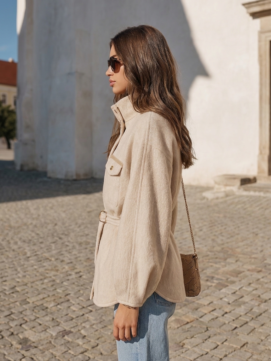 Casual Modern Vibe Cream Beige Wool‑blend Stand Collar Belted Waist Outer Jacket