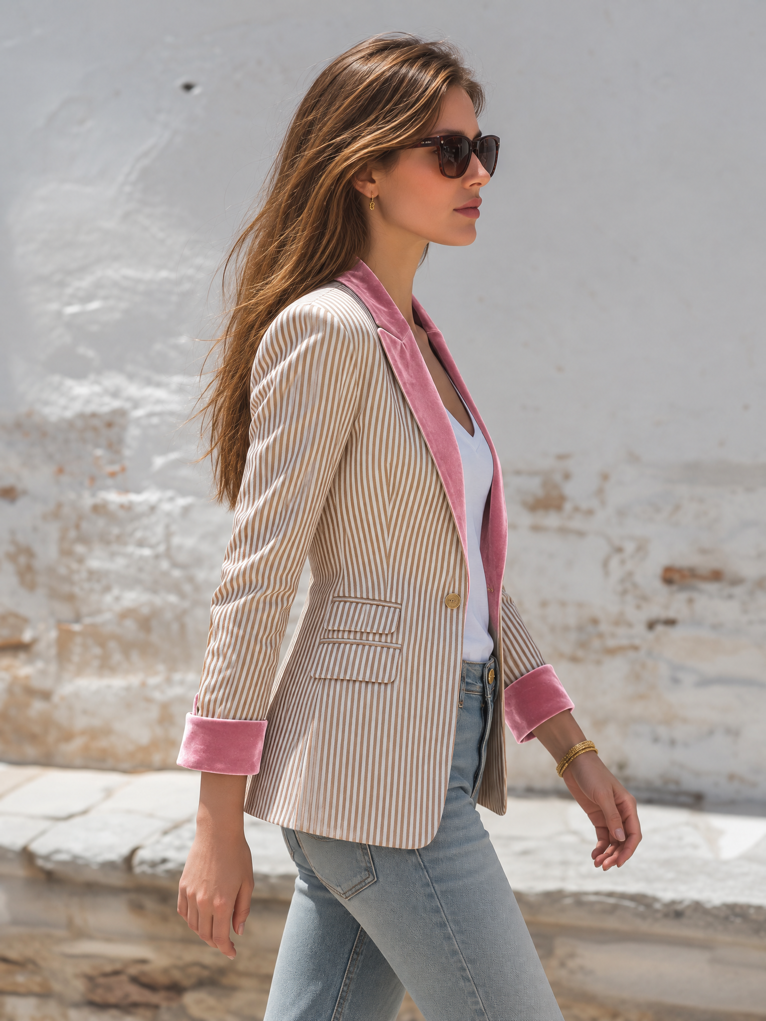 Elegant Retro Velvet Notched Lapel Striped Blazer