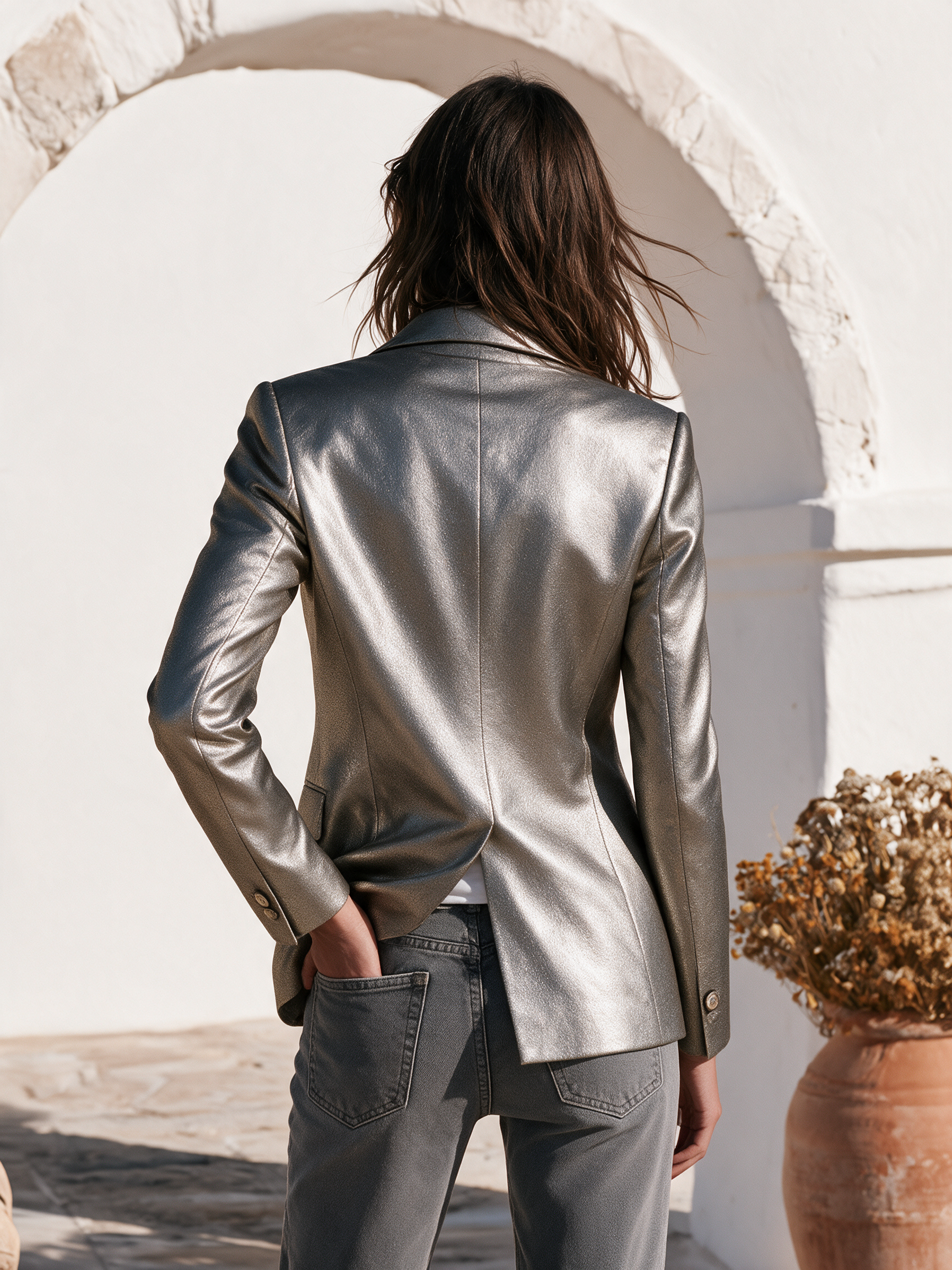 Chic Sophisticated Single Button Metallic Silver Blazer