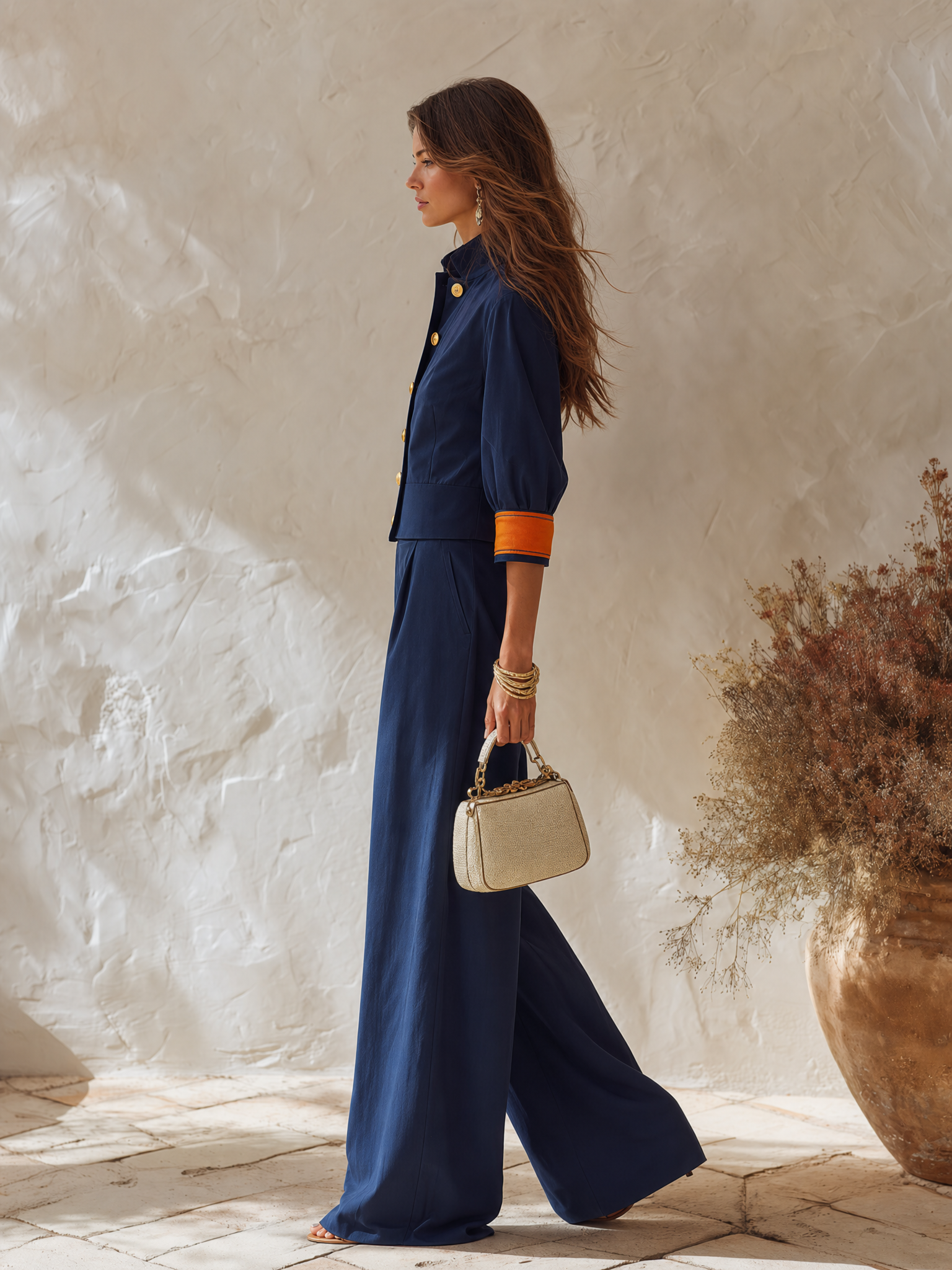 Resort-style V-neck Button-down Top And Trousers Set