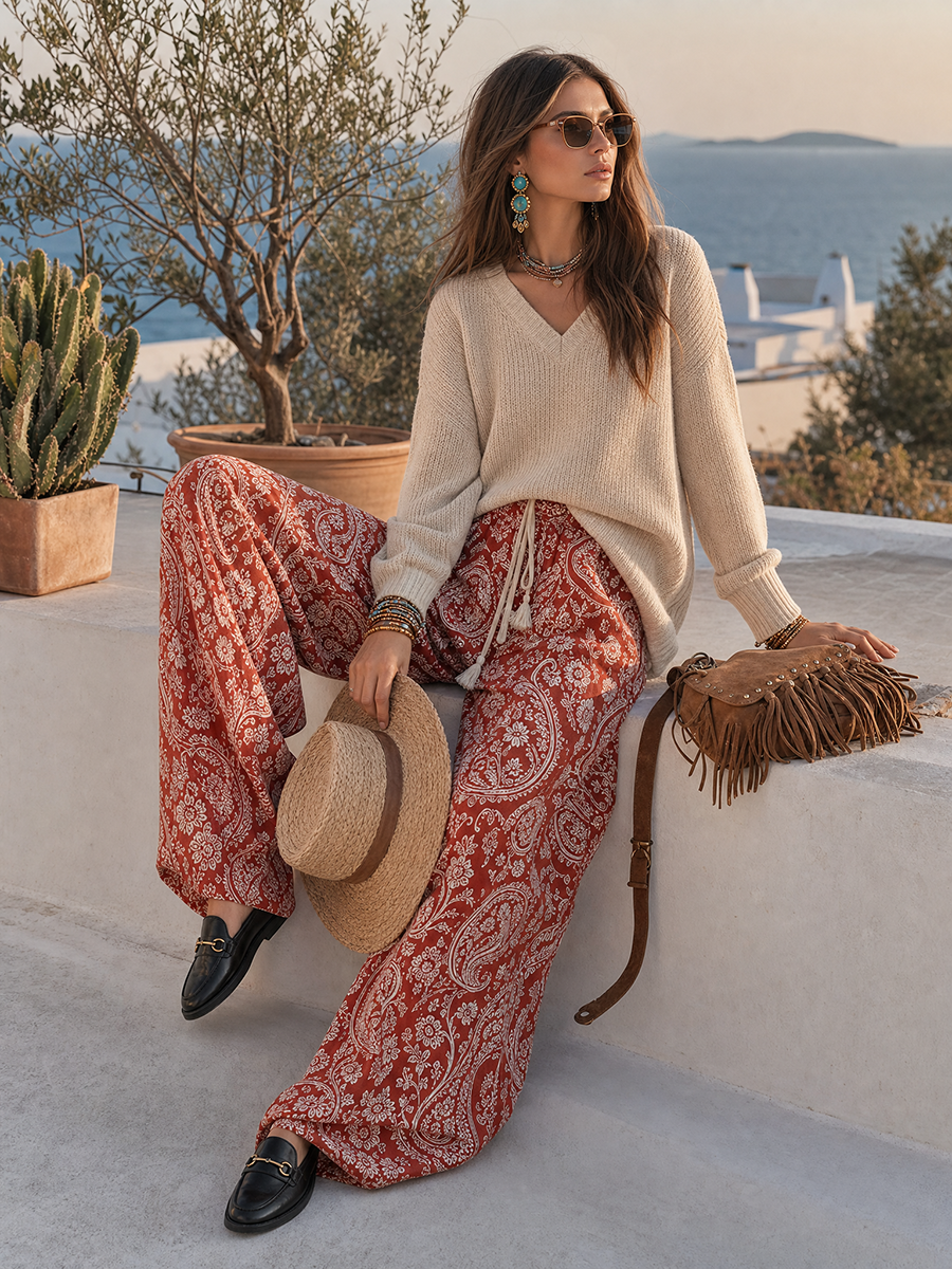 Ivory V-Neck Chunky Knit Sweater And Rust Paisley Wide-Leg Resort Trouser Set