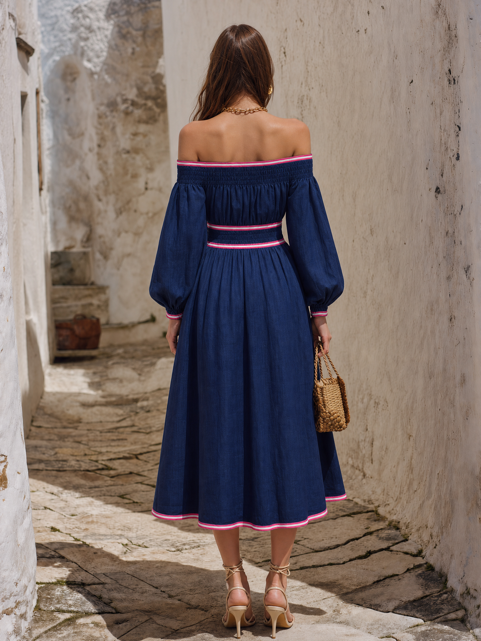 Resort-style Off-the-shoulder Long-sleeved Color-blocked Trim Midi Dress 