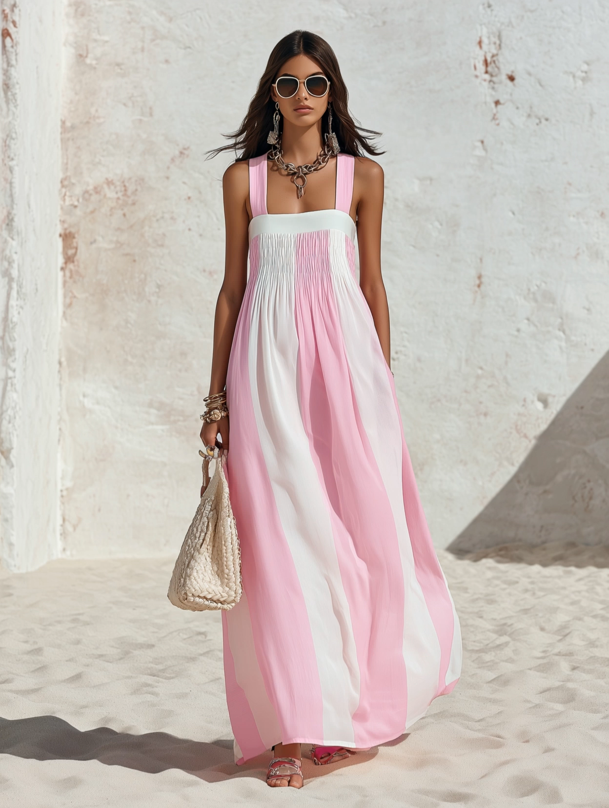 Resort Style Square Neck Sleeveless Striped Chiffon Maxi Dress