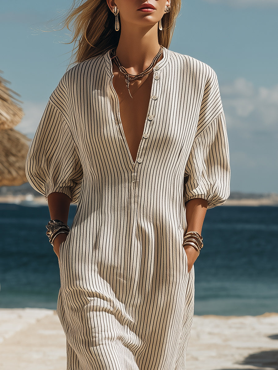 Casual Bohemian Black And Beige Striped Button Midi Dress