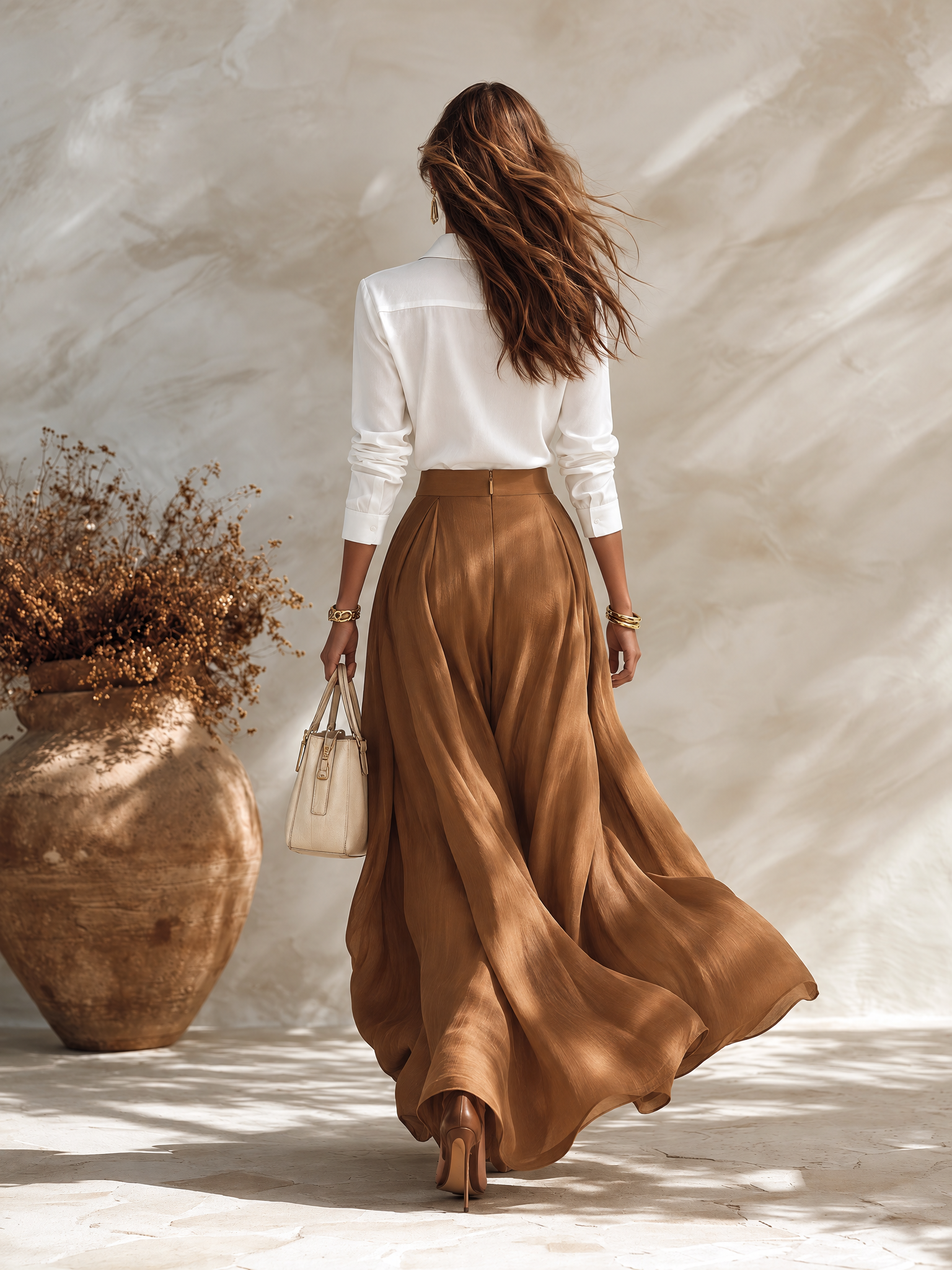 Resort-style Collared Long-sleeve Shirt And A-line Skirt Set
