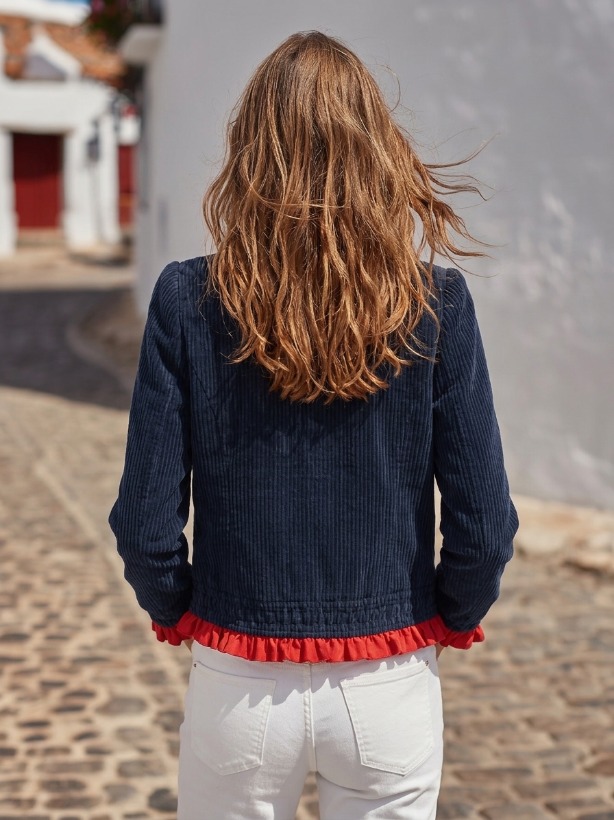 French Retro Vibe Navy Corduroy Red Ruffle Trim Cropped Jacket
