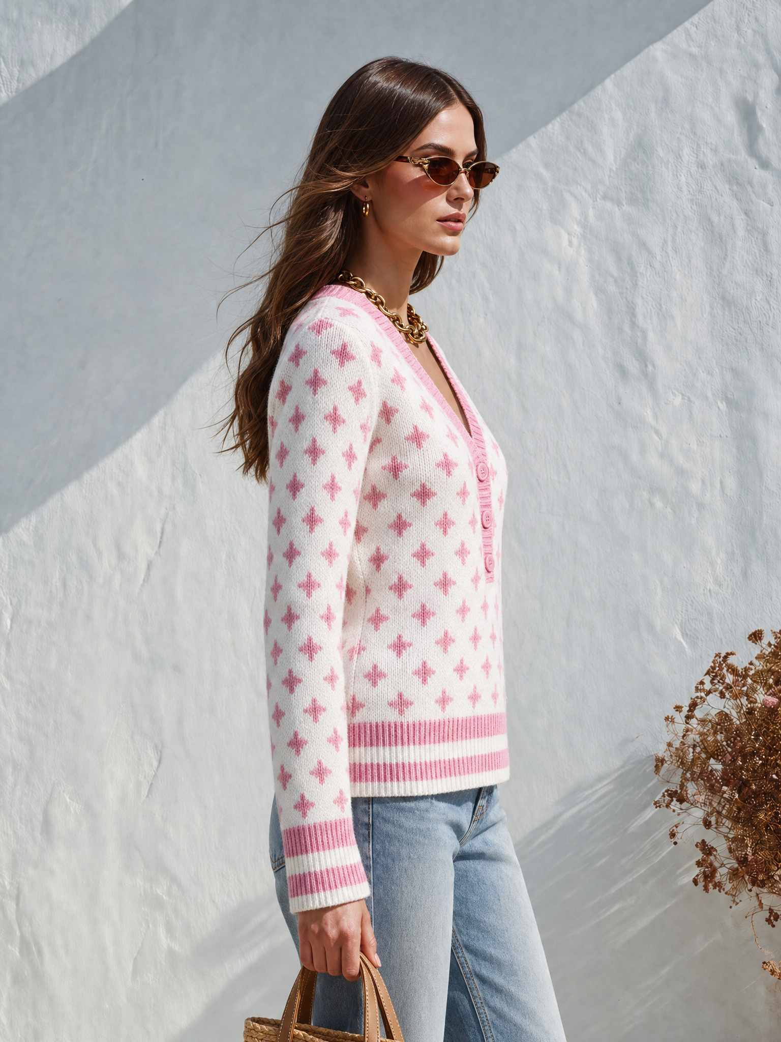 Vacation-style V-neck Long-sleeve Star-pattern Sweater