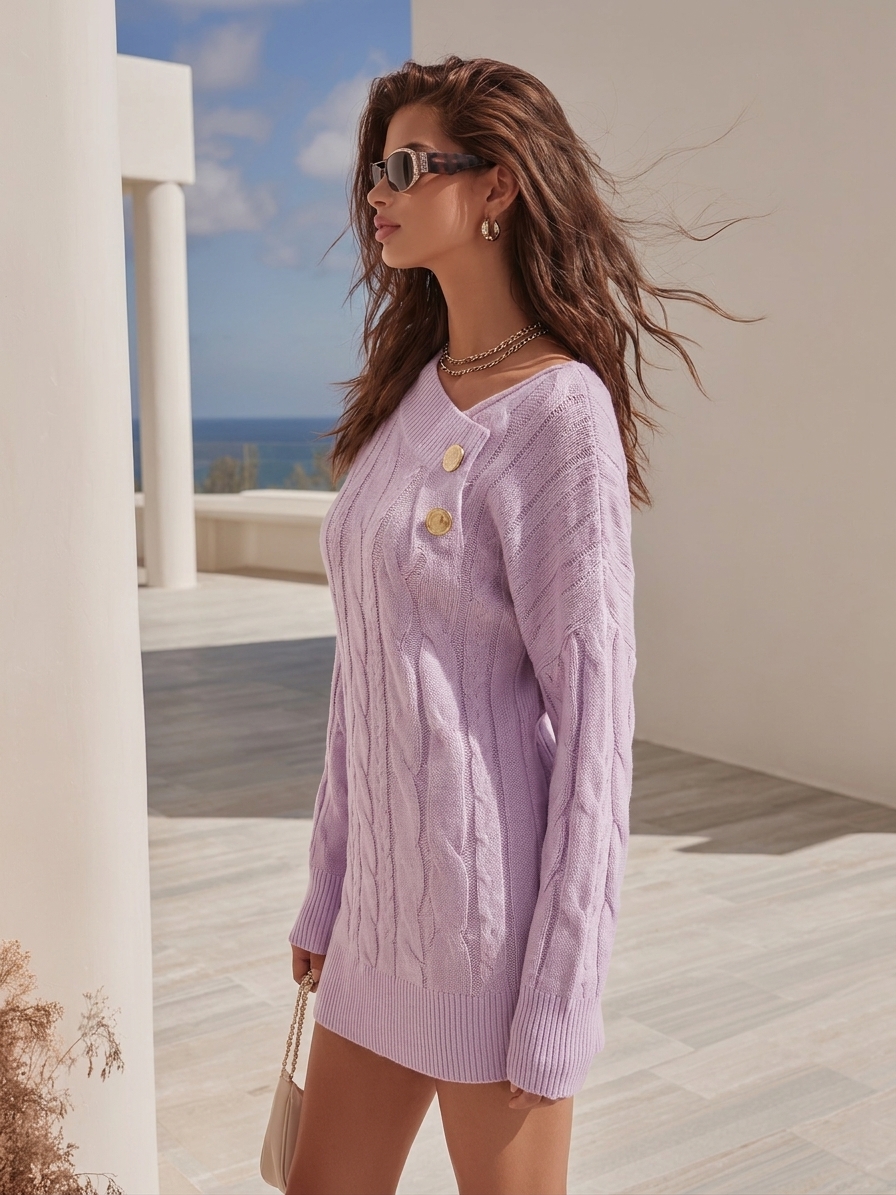 Relaxed Resort Vibe Lavender Asymmetric Button Detail Cable Knit Mini Dress