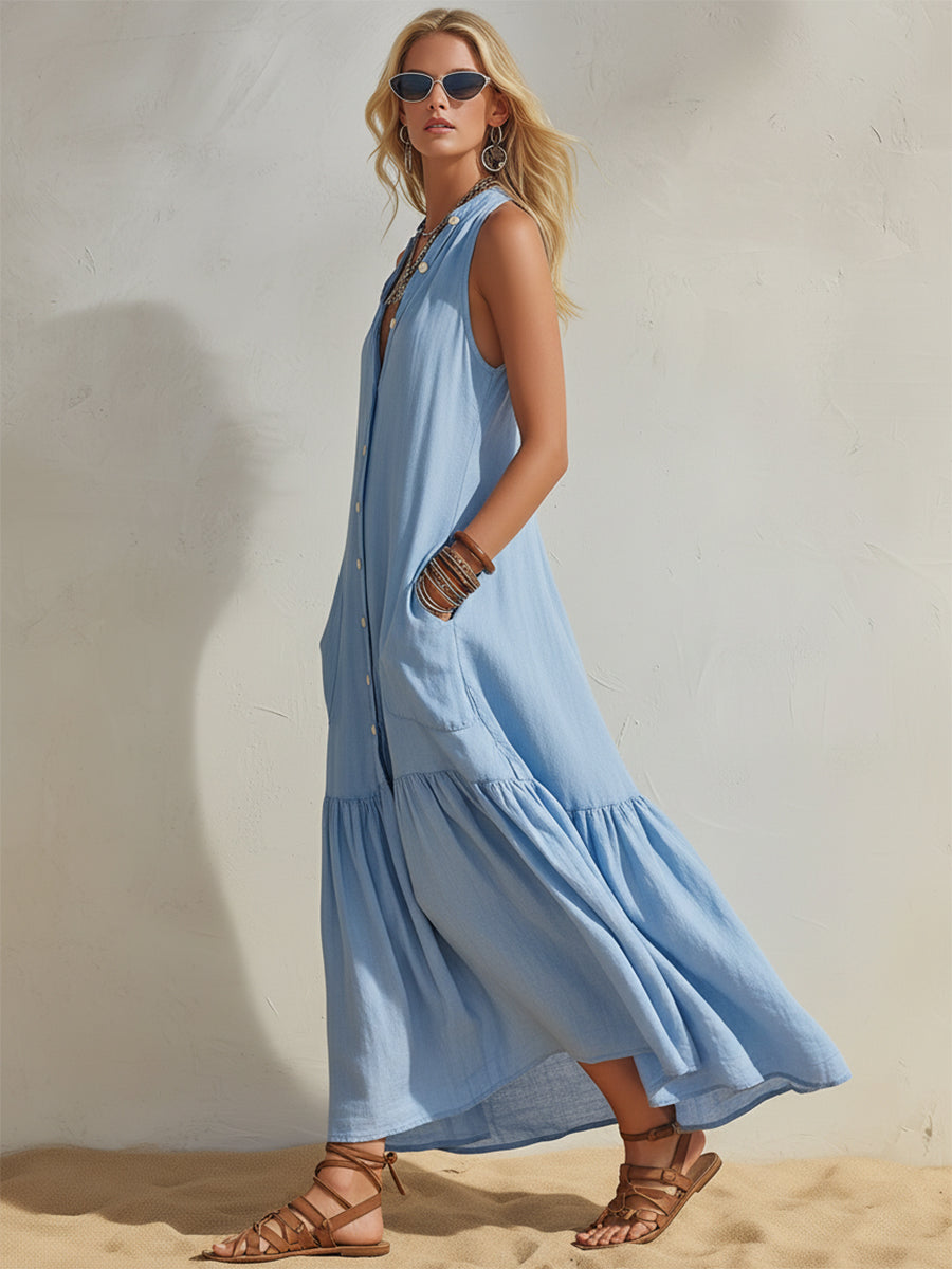 Bohemian Light Blue Cotton Linen Front Button Sleeveless Midi Dress