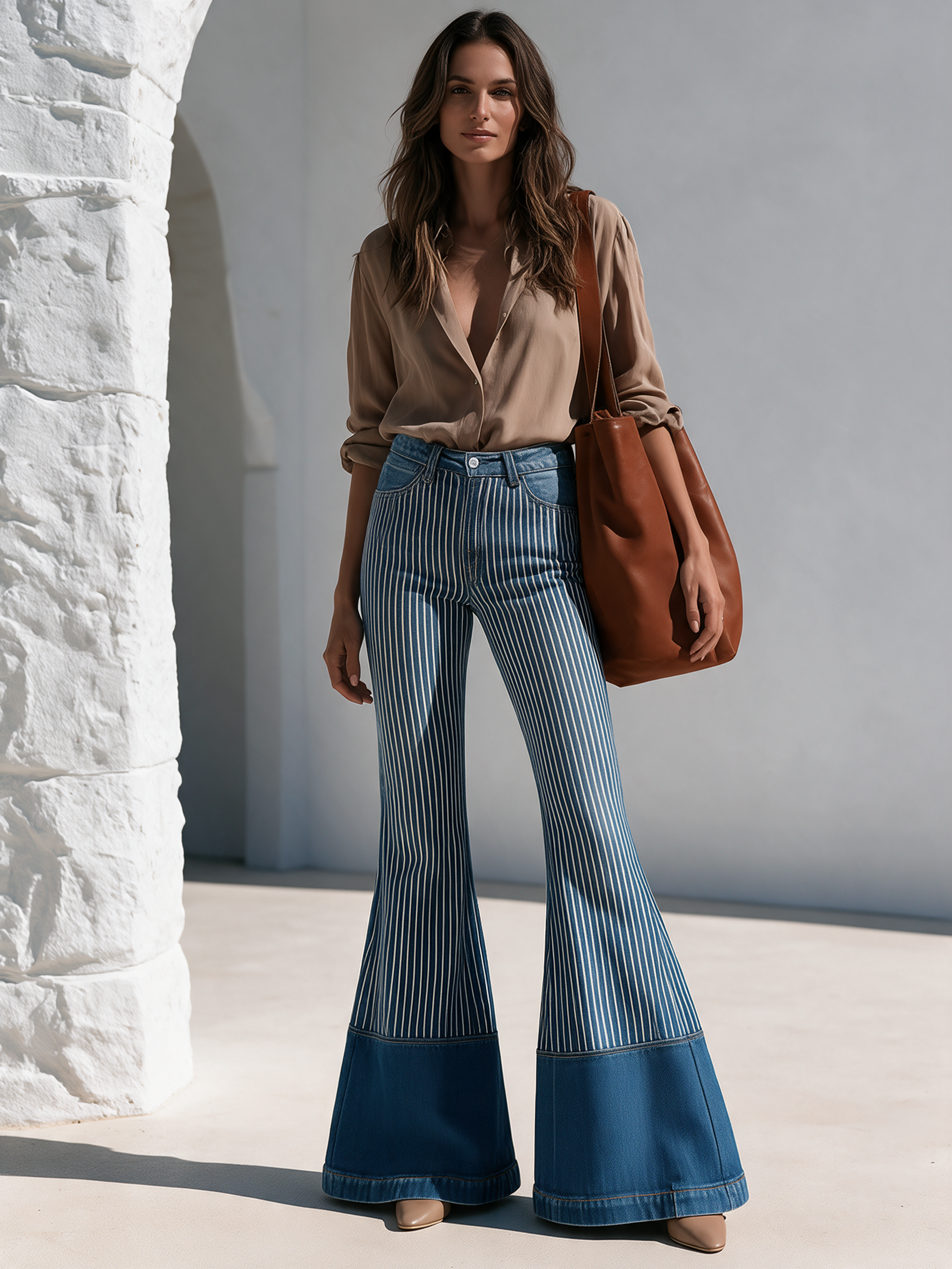 Stylish Retro Blue Striped Denim Flare Pants