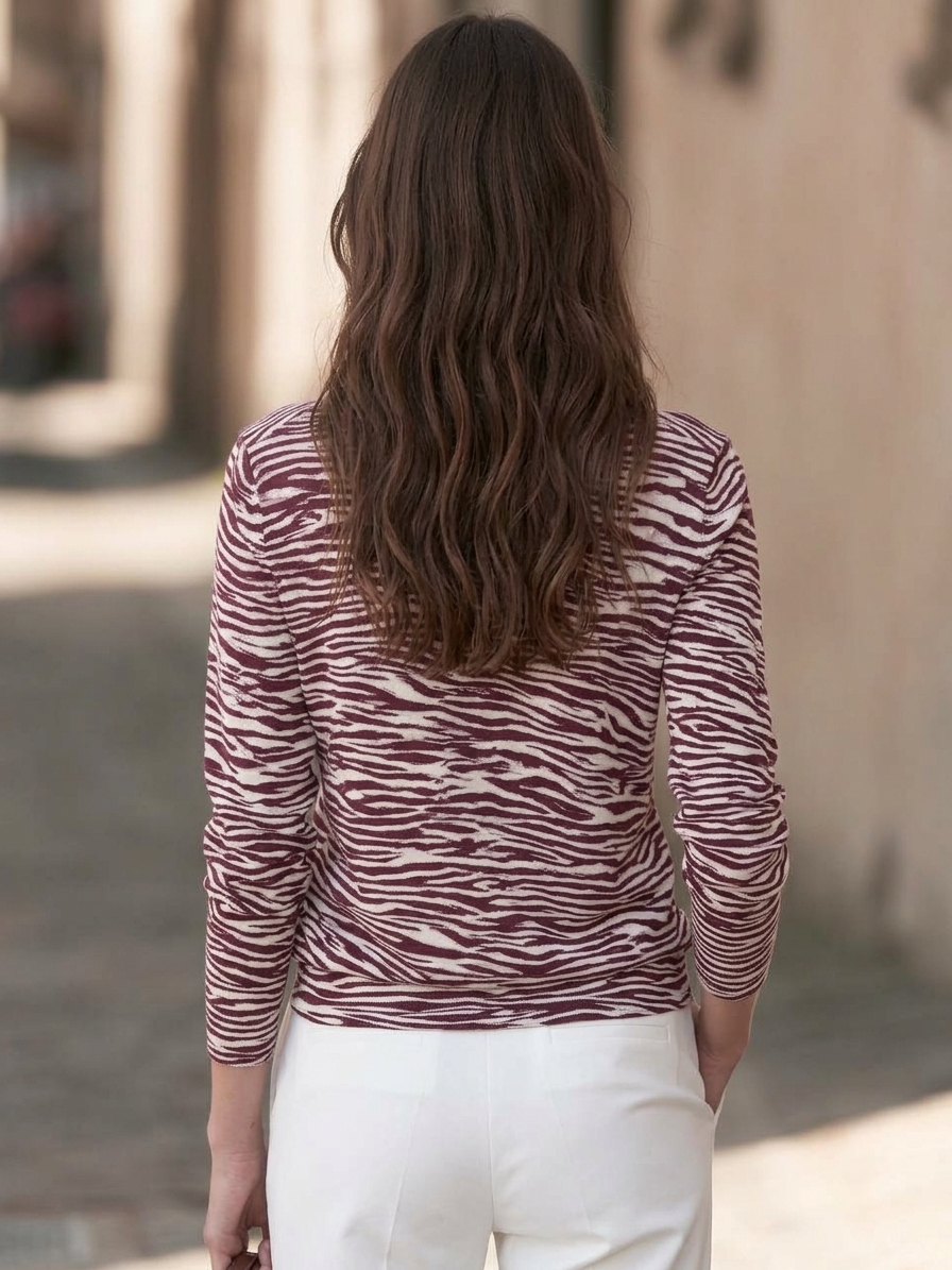 Mediterranean Vibe Burgundy Zebra Print Contrast Collar Henley Long‑Sleeve Knit Top