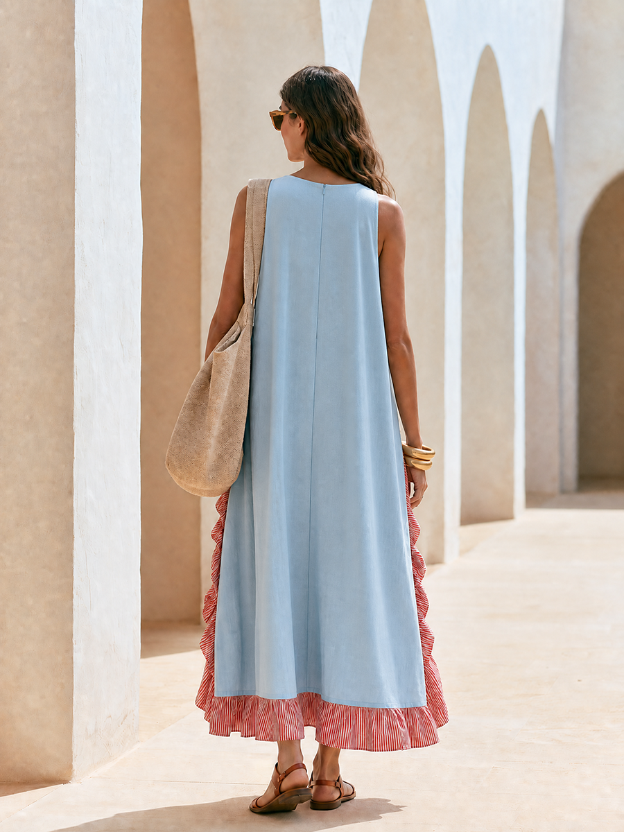 Vacation Red And White Stripes Ruffles Blue Sleeveless Tencel Maxi Dress