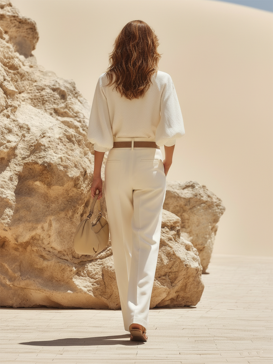 Resort-style Cotton V-neck Long-sleeved Trouser Set