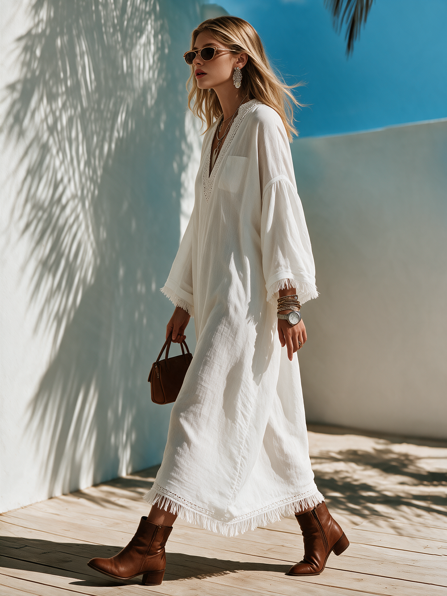 Bohemian White Cotton Linen V-neck Lace Tassel Long Sleeve Mini Dress