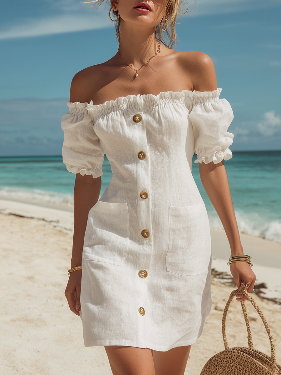 Romantic Beach Off-Shoulder Ruffled Short-Sleeve White Cotton-Linen Mini Dress