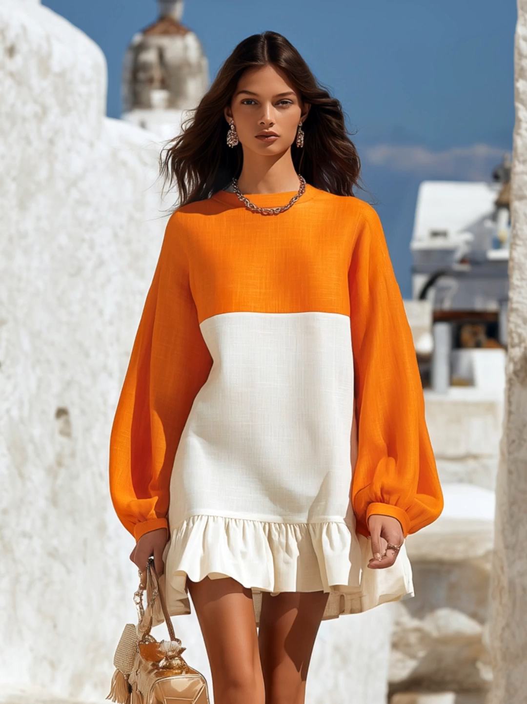 Resort-style Round Neck Lantern Long-sleeved Color-blocked Mini Dress