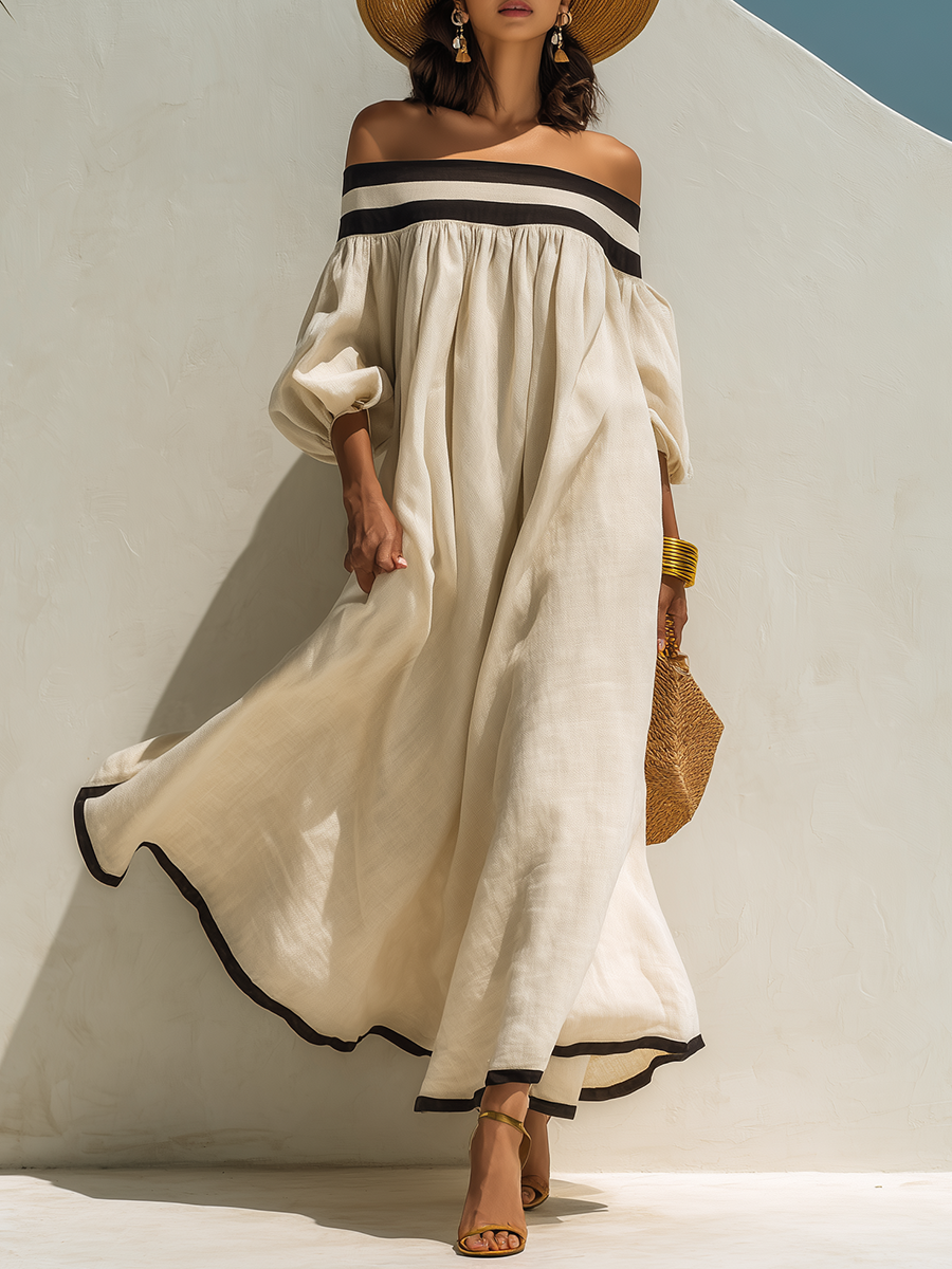 Loose-fitting Color-blocked Off-the-shoulder Beige Cotton-linen Maxi Dress