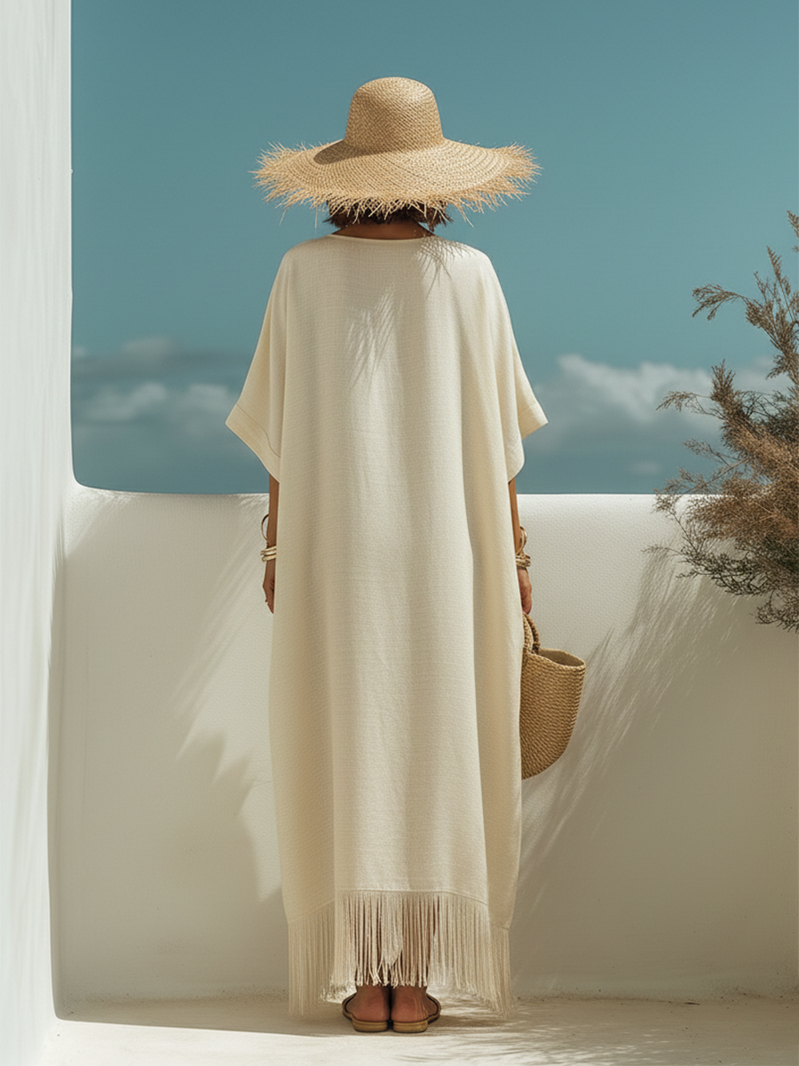 Casual Bohemian Style Fringed V-neck Short-sleeved Beige Maxi Dress