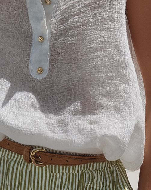 Mediterranean Style White Cotton Linen Sleeveless Button-down Top