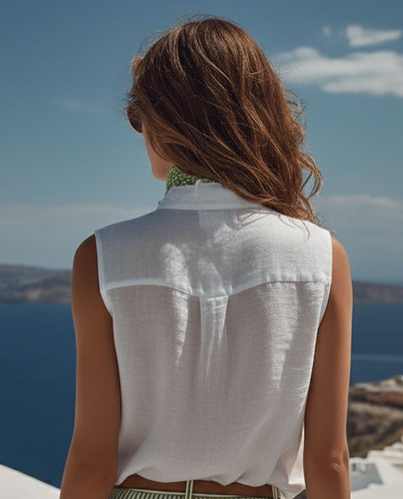 Mediterranean Style White Cotton Linen Sleeveless Button-down Top