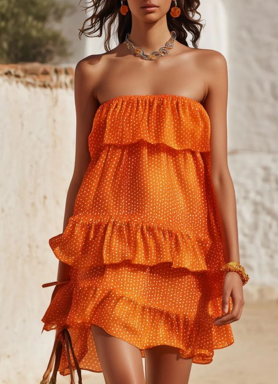 Vacation-Style Orange Polka-Dot Strapless Top & Ruffled Mini Skirt Set