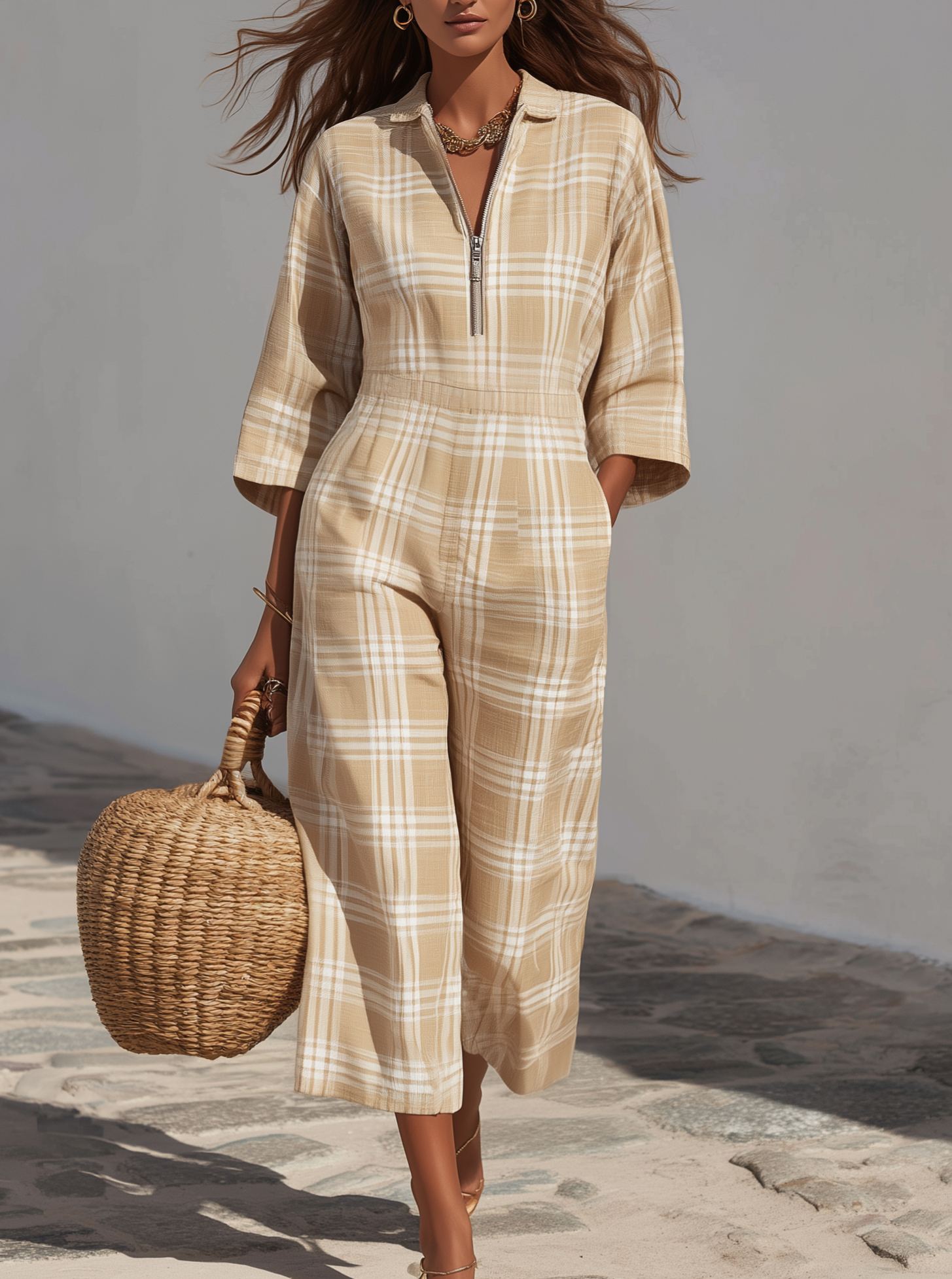 Neutral Resort Textured Linen Blend Beige Plaid Collar Zip Front Three Quarter Wide Leg Cropped Jumpsuit