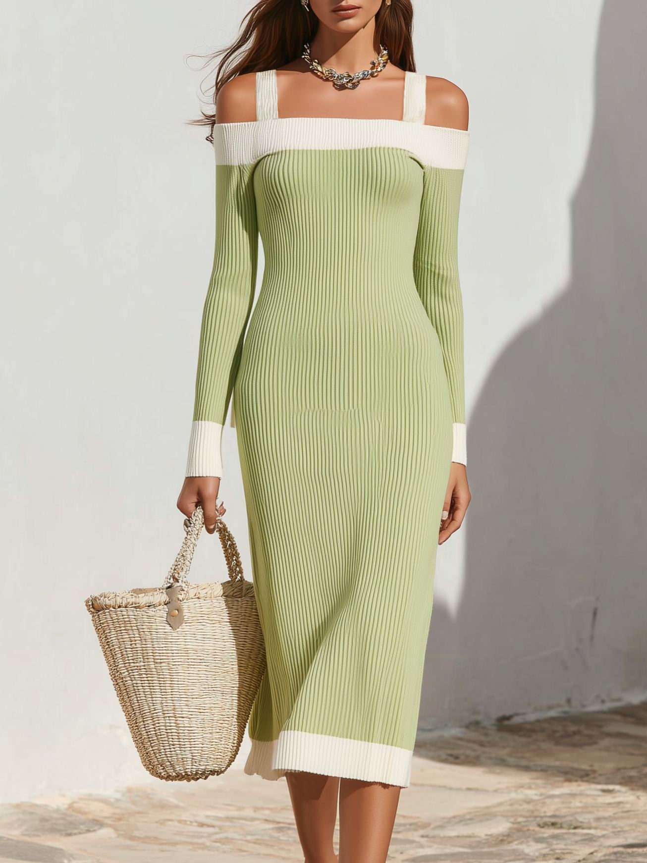 Fresh Light Green Off Shoulder Strap Rib Knit Midi Dress