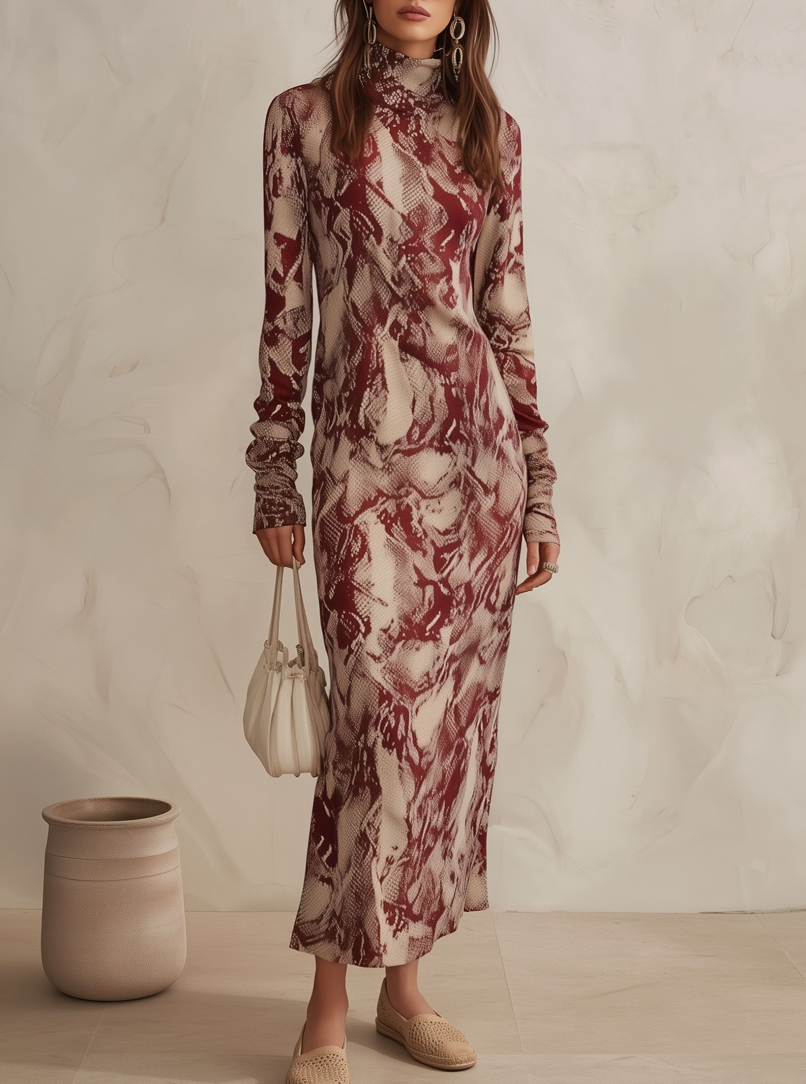 Luxury Resort Beige Burgundy Snake Print Turtleneck Midi Dress