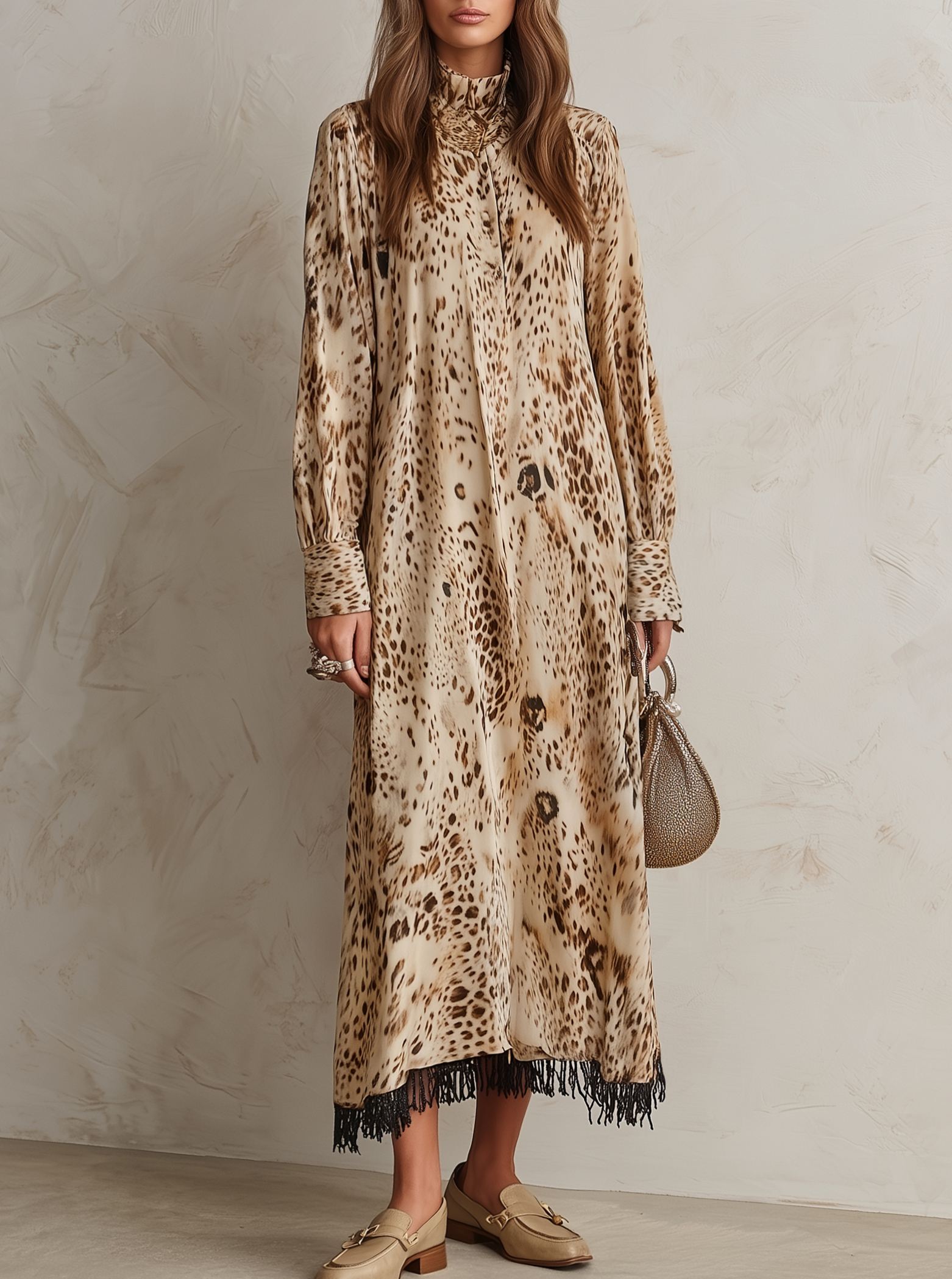 Desert Wander Beige Leopard Print Fringe Hem Midi Dress