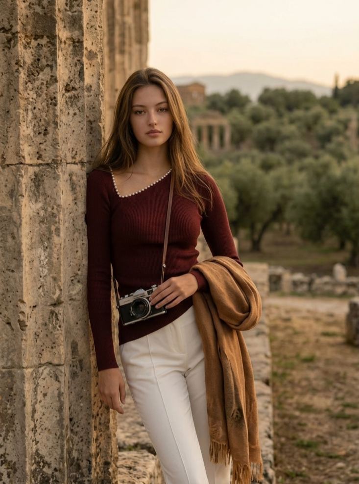 Mediterranean Chic Burgundy Pearl Trim Asymmetrical Neck Knit Top