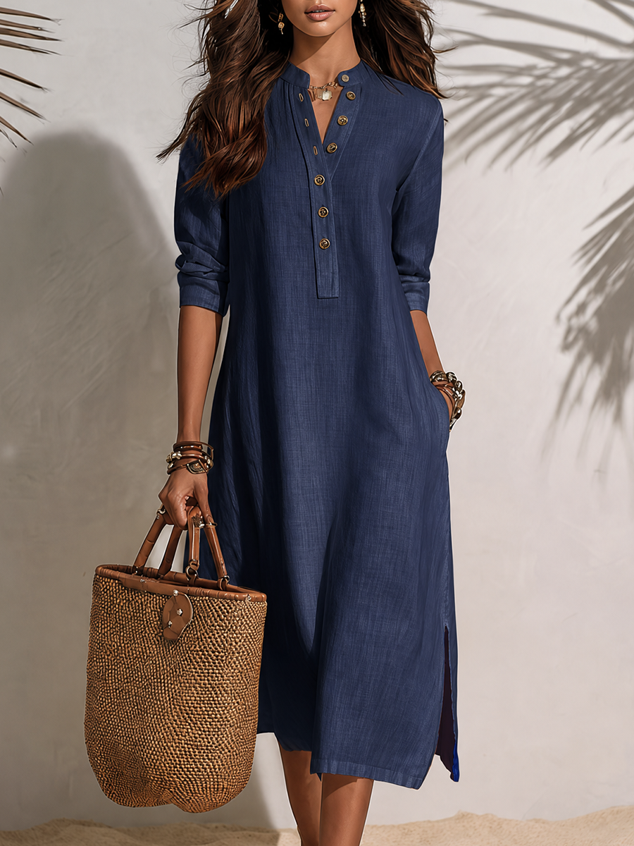 Vacation-style Short-sleeve Button-front Midi Dress