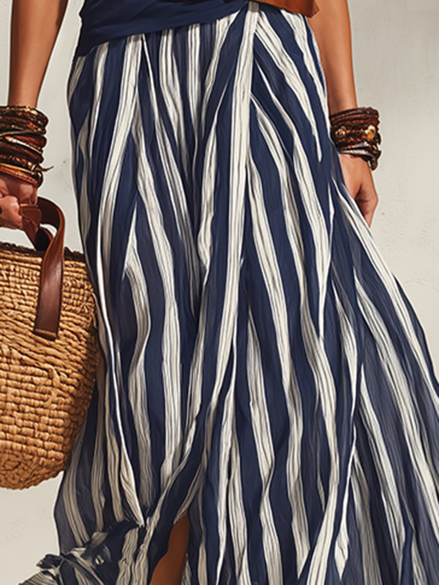 Nautical Vacation Style Navy Blue And White Striped Chiffon Slit Skirt