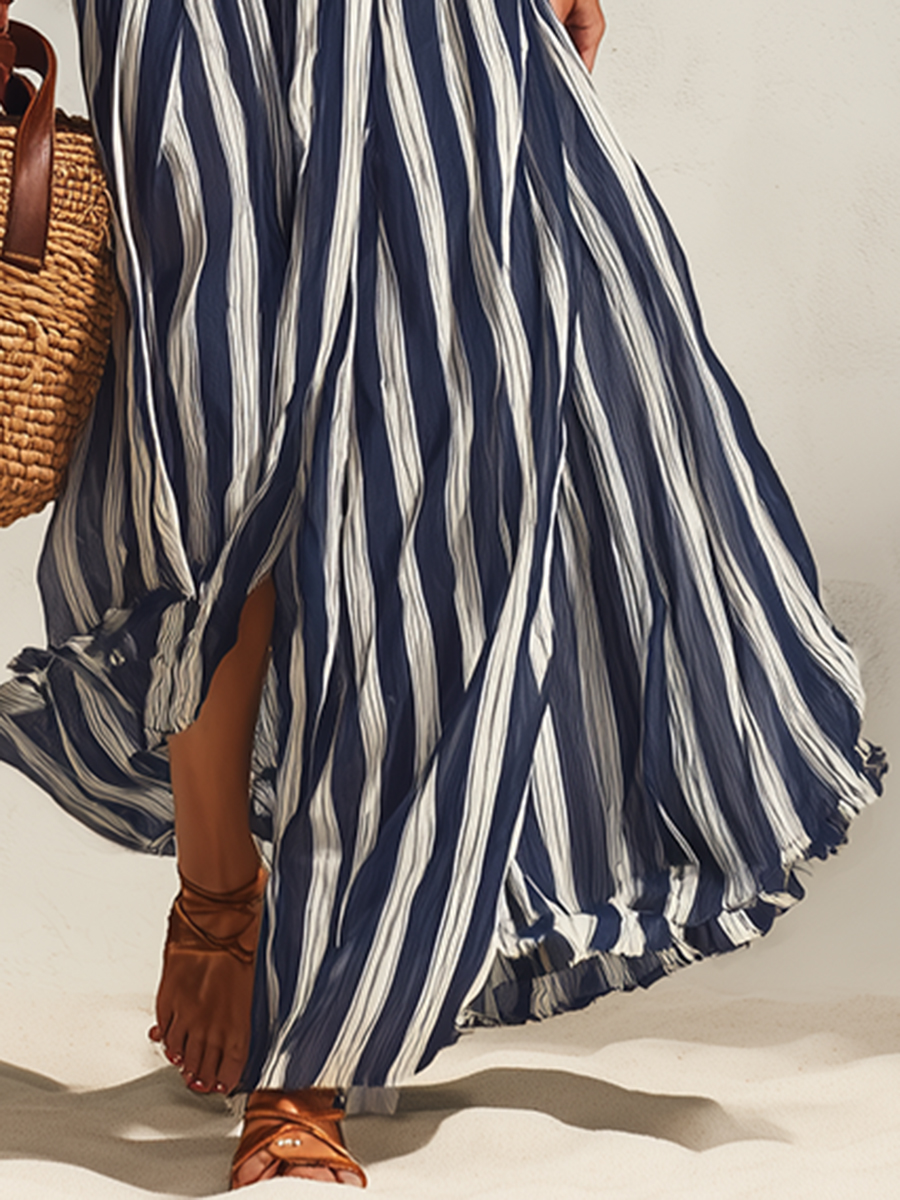 Nautical Vacation Style Navy Blue And White Striped Chiffon Slit Skirt