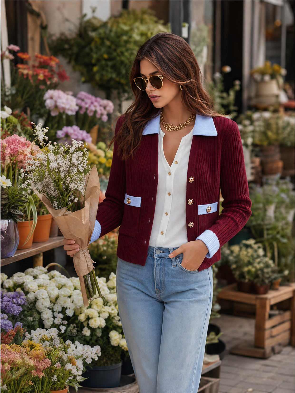 Resort-style Collared Long-sleeved Color-blocked Knit Cardigan
